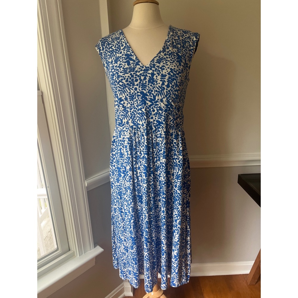 Boden Avril Tea Length Jersey Flounce Dress Blue White Dot Size 10R